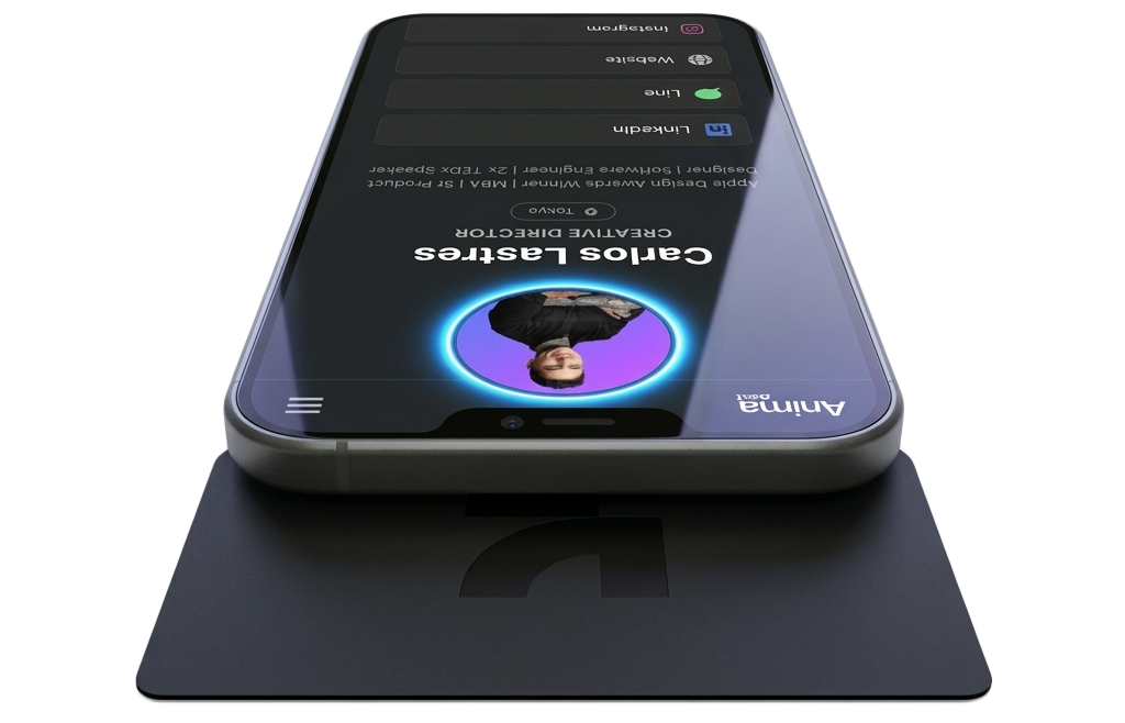 Smart NFC business card being tapped on a phone