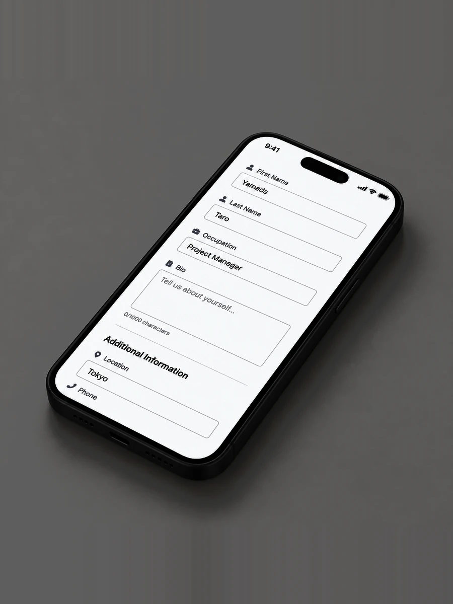 A phone showing the AnimaNext profile form being filled in